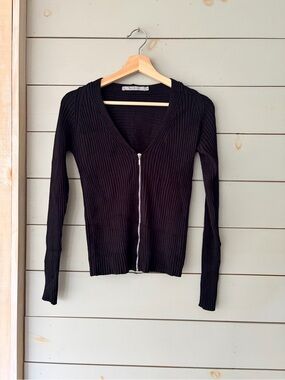 Part Two Black Ribbed Zip Front Cardigan Sweater Size M